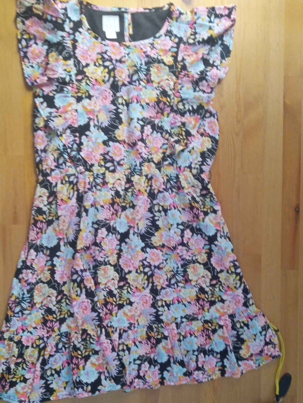 Girls Floral Flutter Sleeve Dress - Black Multi